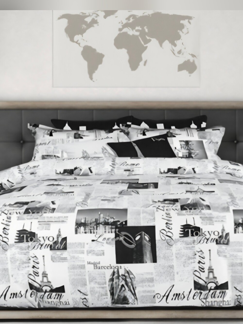 Passport by Alamode Travel Print Black and White Queen Duvet/2 Shams Bedding Set